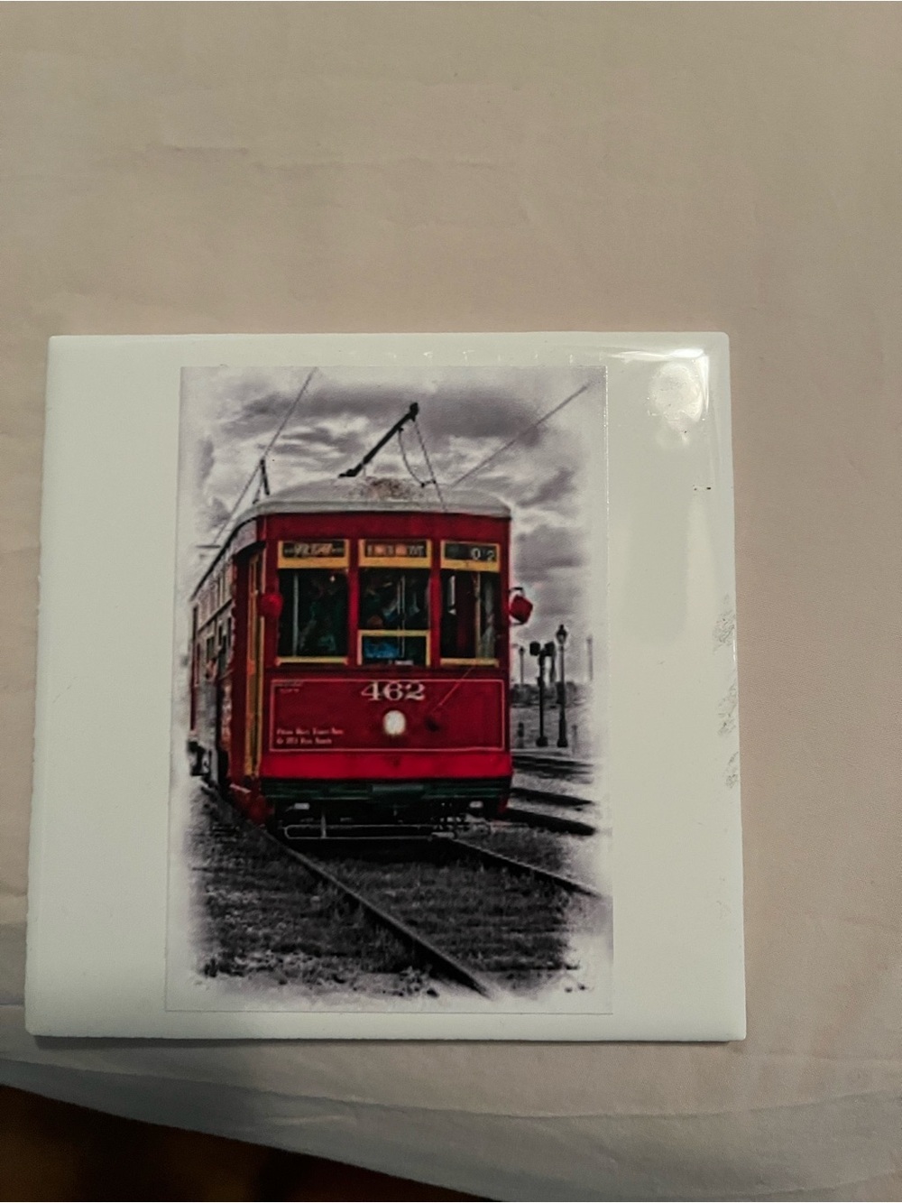 Red Streetcar Art Tile - Vintage Tram Image 6" x 6"